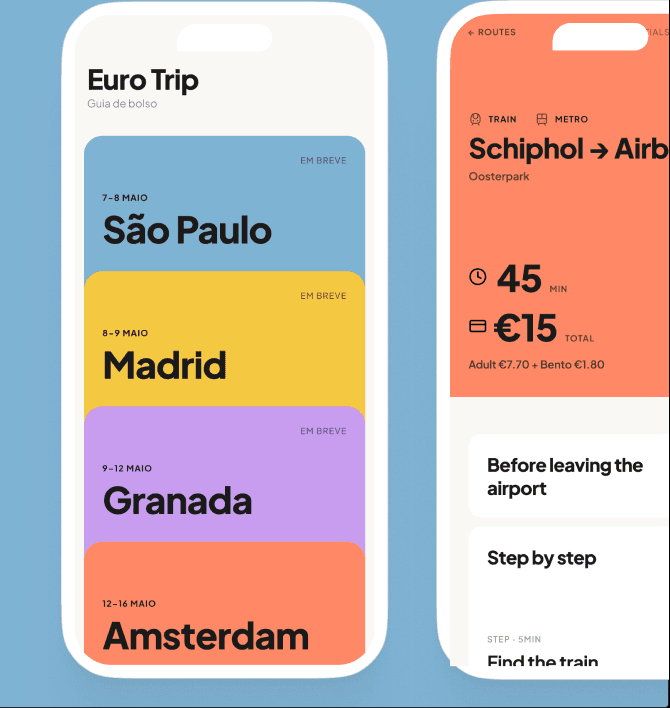 EuroTrip phone mockups showing a destination guide and directions from Schiphol to an Airbnb
