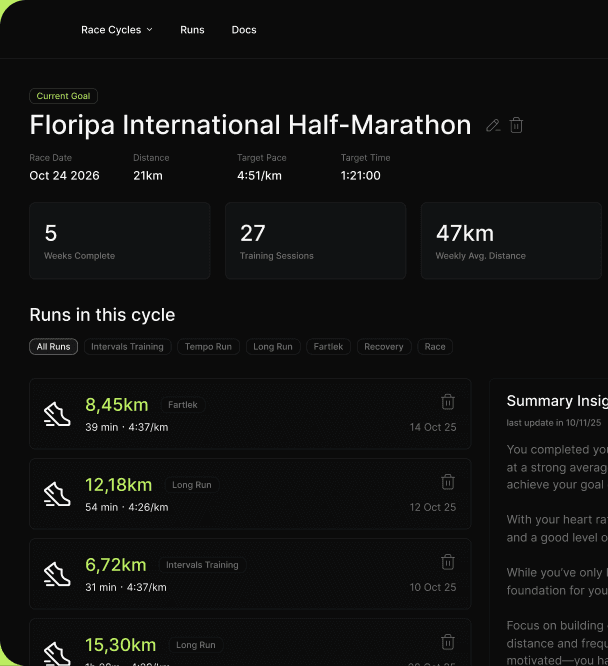 Running dashboard with a half-marathon goal, training metrics, recent runs and AI summary insights