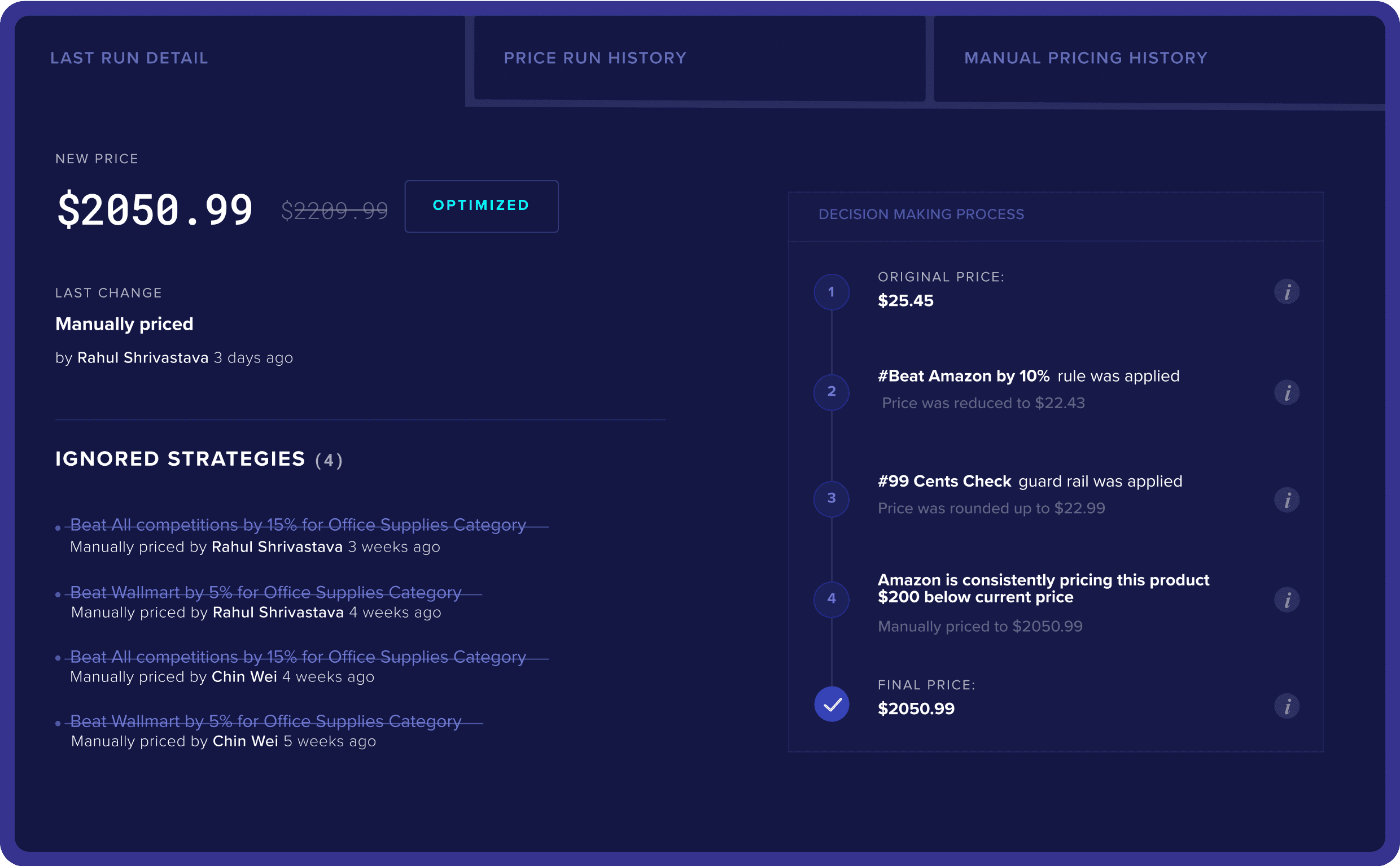 Decision-making process showing how a product's price was automatically adjusted after Amazon changed its price