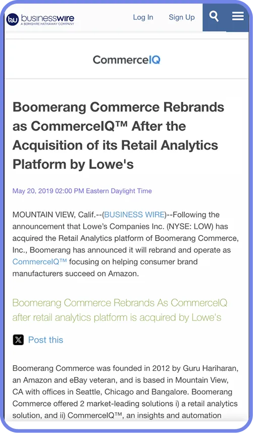 Business Wire press release announcing Boomerang Commerce rebrands as CommerceIQ after its acquisition by Lowe's