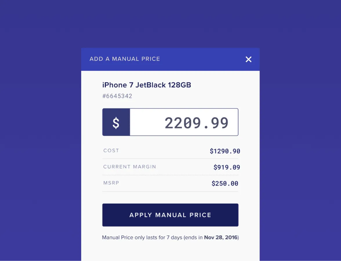Manual price entry modal for a product showing cost, current margin and MSRP as the price is adjusted