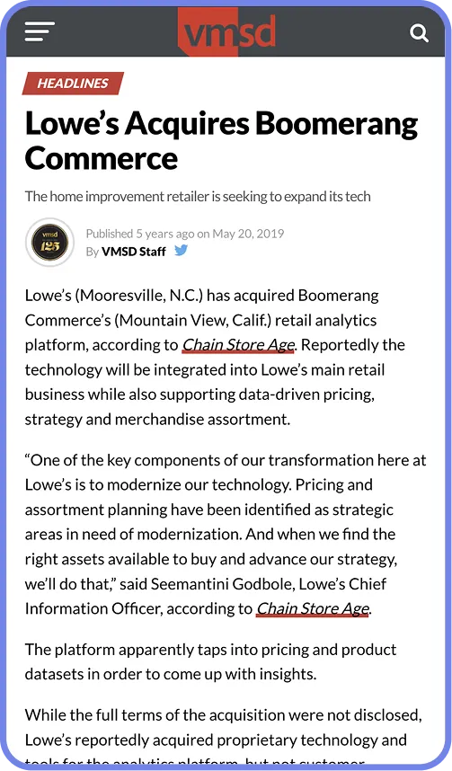 VMSD news article headlined 'Lowe's Acquires Boomerang Commerce'