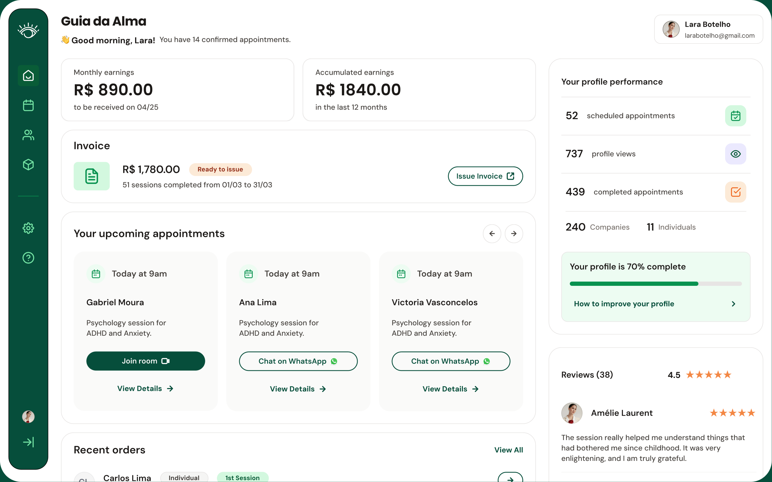 Guia da Alma therapist dashboard