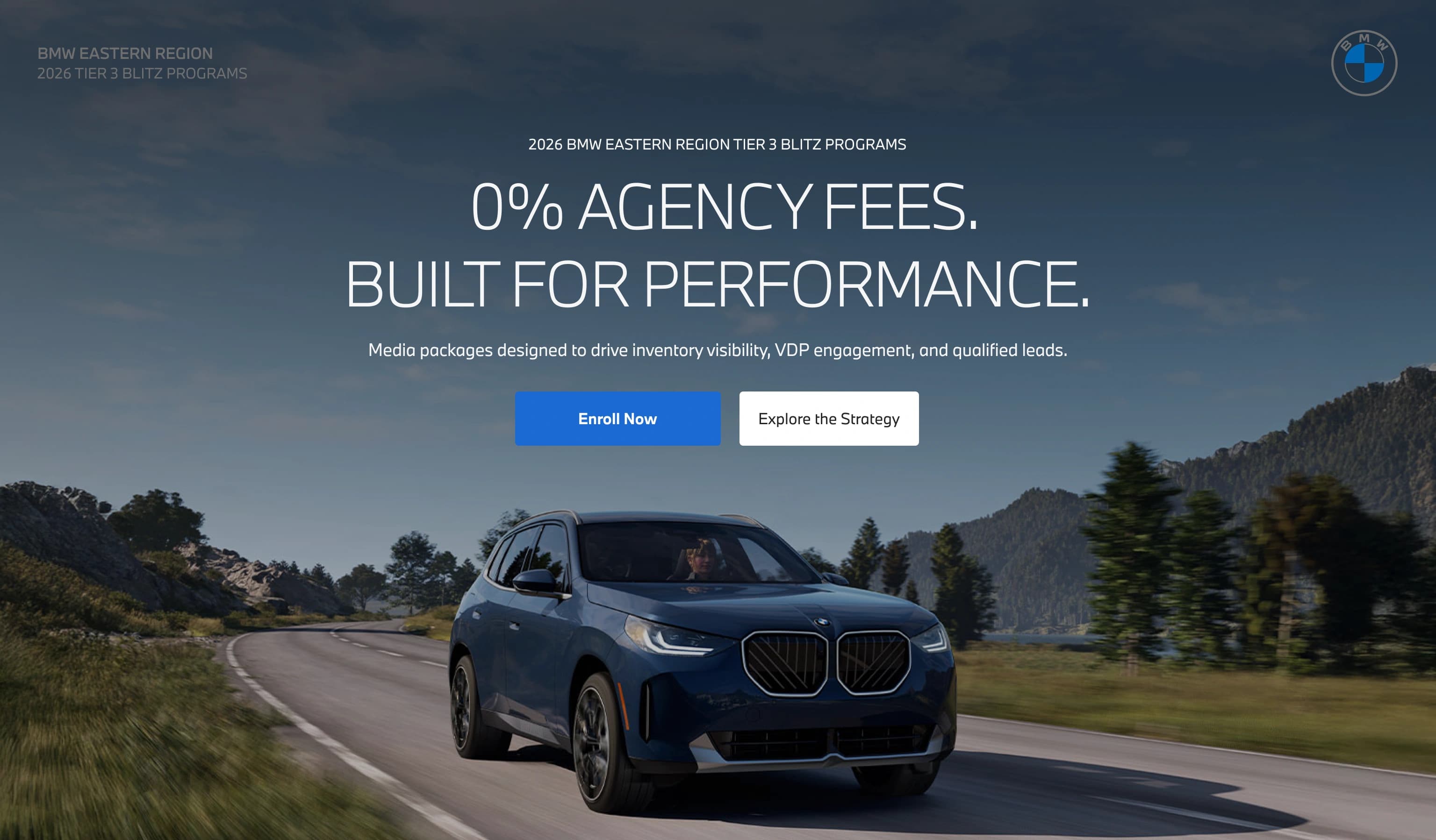 BMW Digital Dealer Program hero with header, campaign headline and enrollment calls to action over a blue SUV on a mountain road
