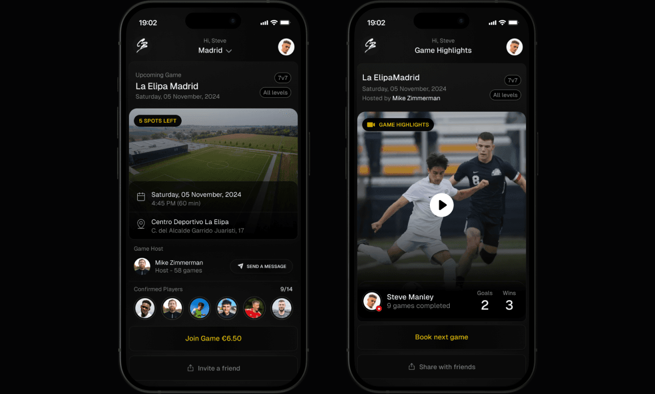 Two CeleBreak phone mockups showing local football matches and game highlights