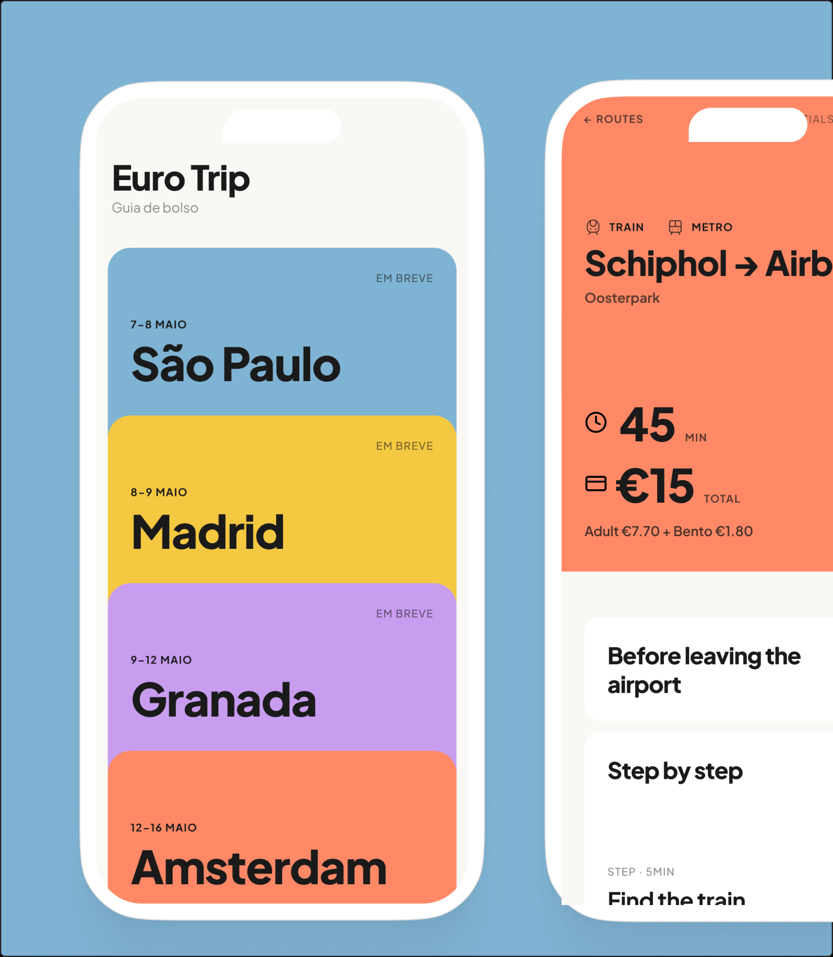 EuroTrip phone mockups showing a destination guide and directions from Schiphol to an Airbnb