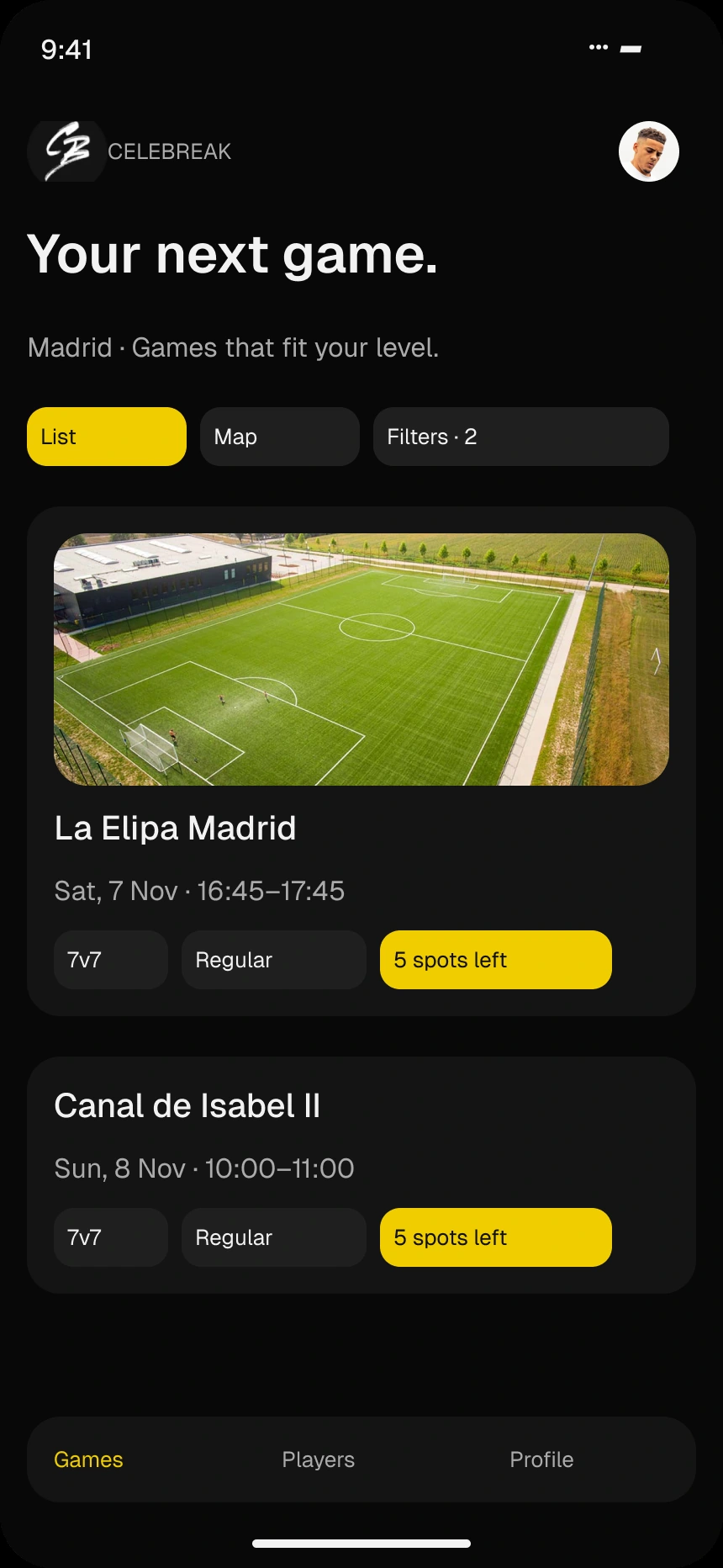 Game discovery in Madrid with playing levels and remaining places