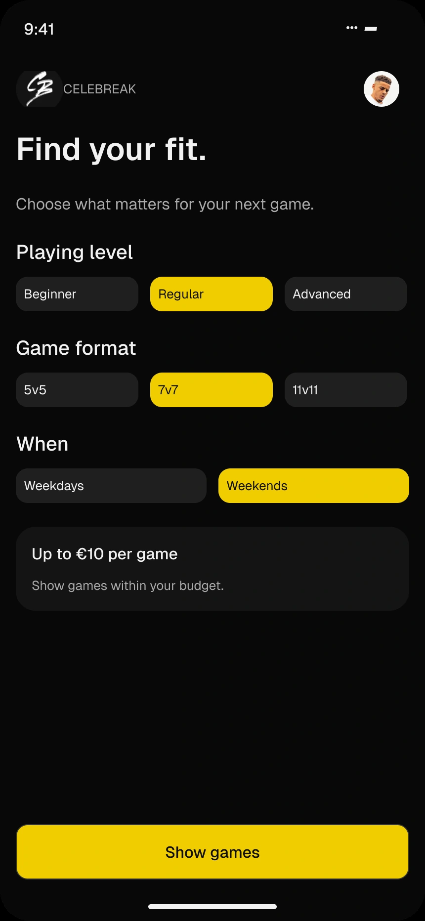 Game filters for level, format, day and price
