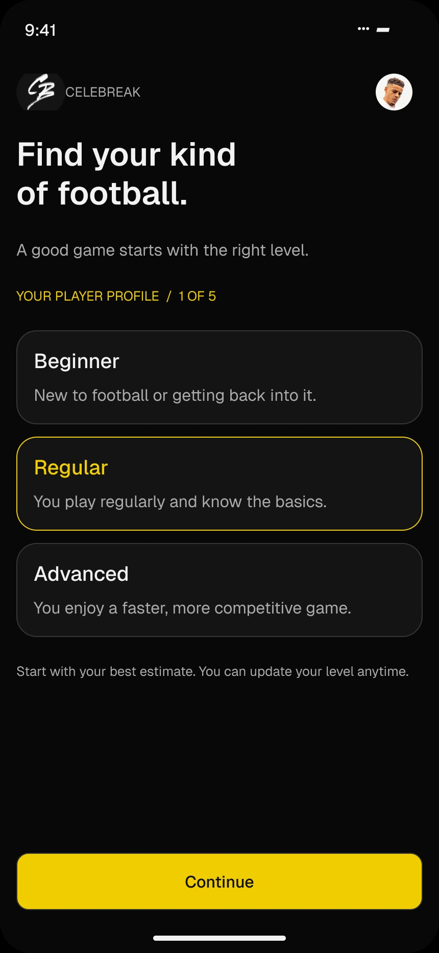 Playing-level onboarding with plain-language descriptions and Regular selected