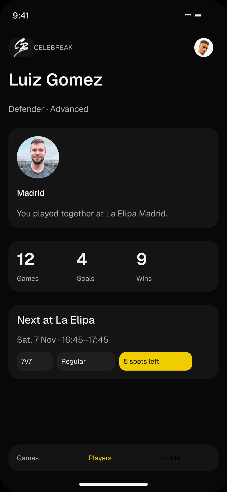 Player profile with level, position, statistics and an upcoming game