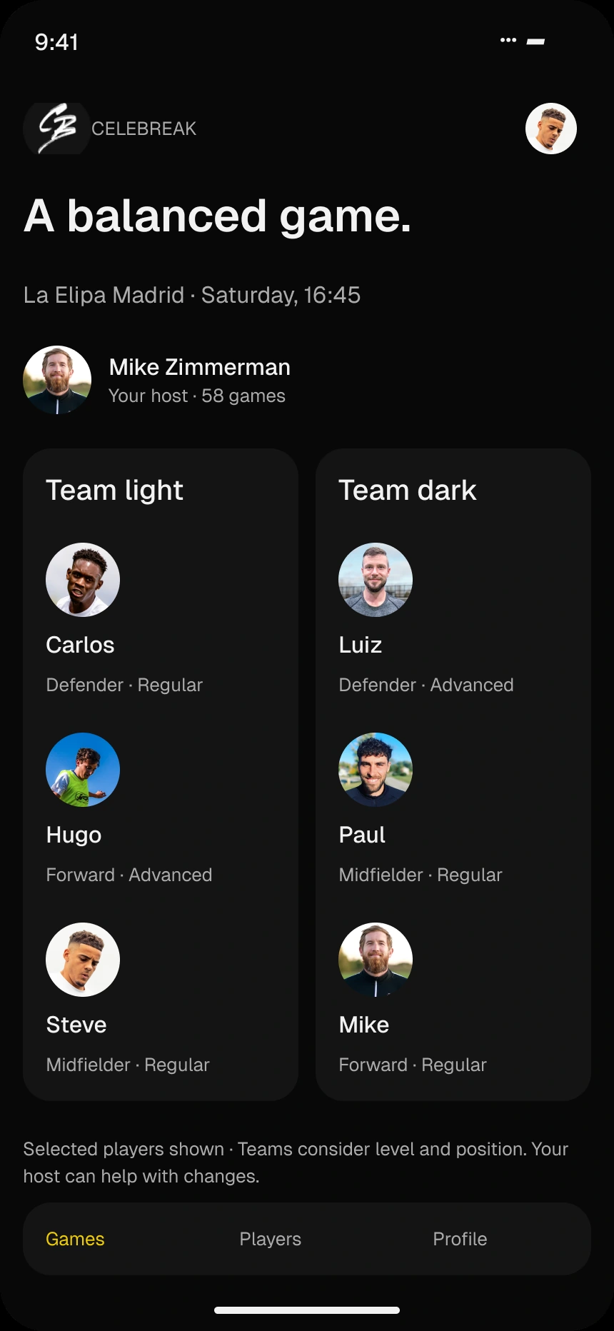 Team formation concept showing selected players, positions, levels and the game host
