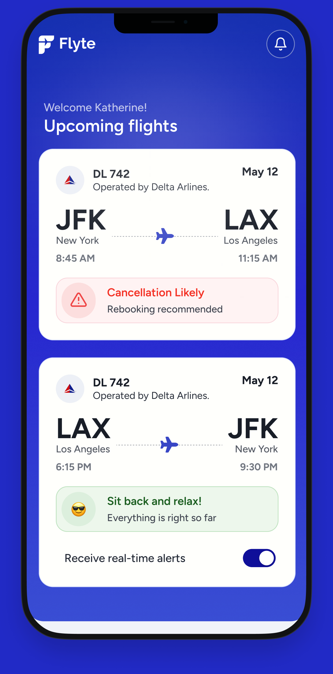 Upcoming flights and live risk updates