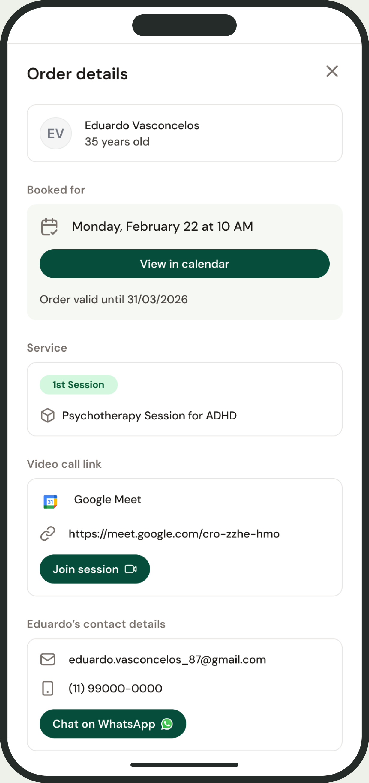 Mobile booking details with session link and patient contact