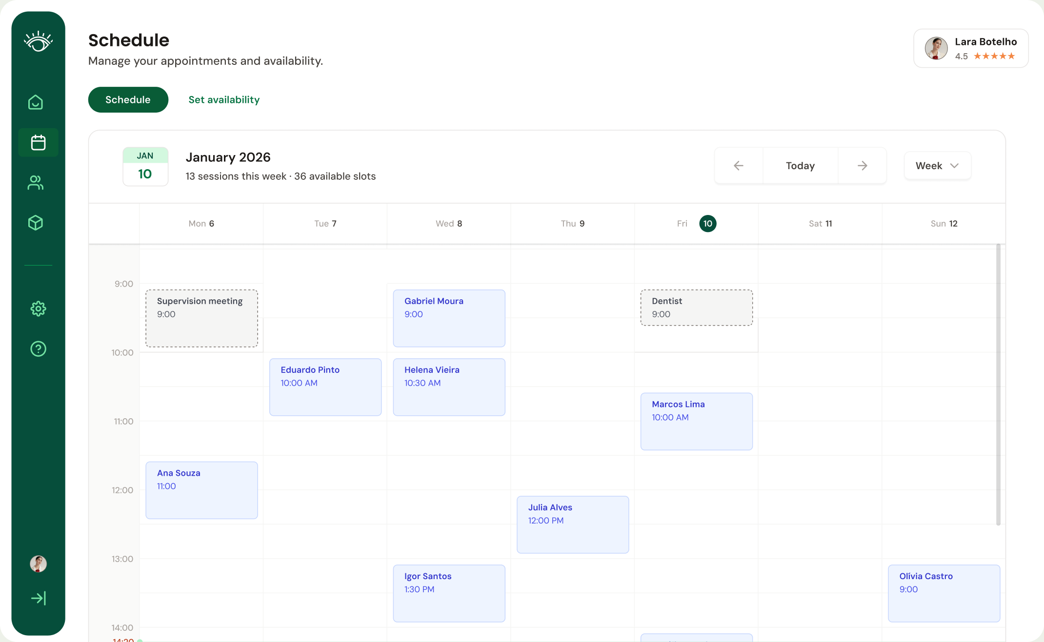 Weekly schedule showing platform sessions and external calendar events