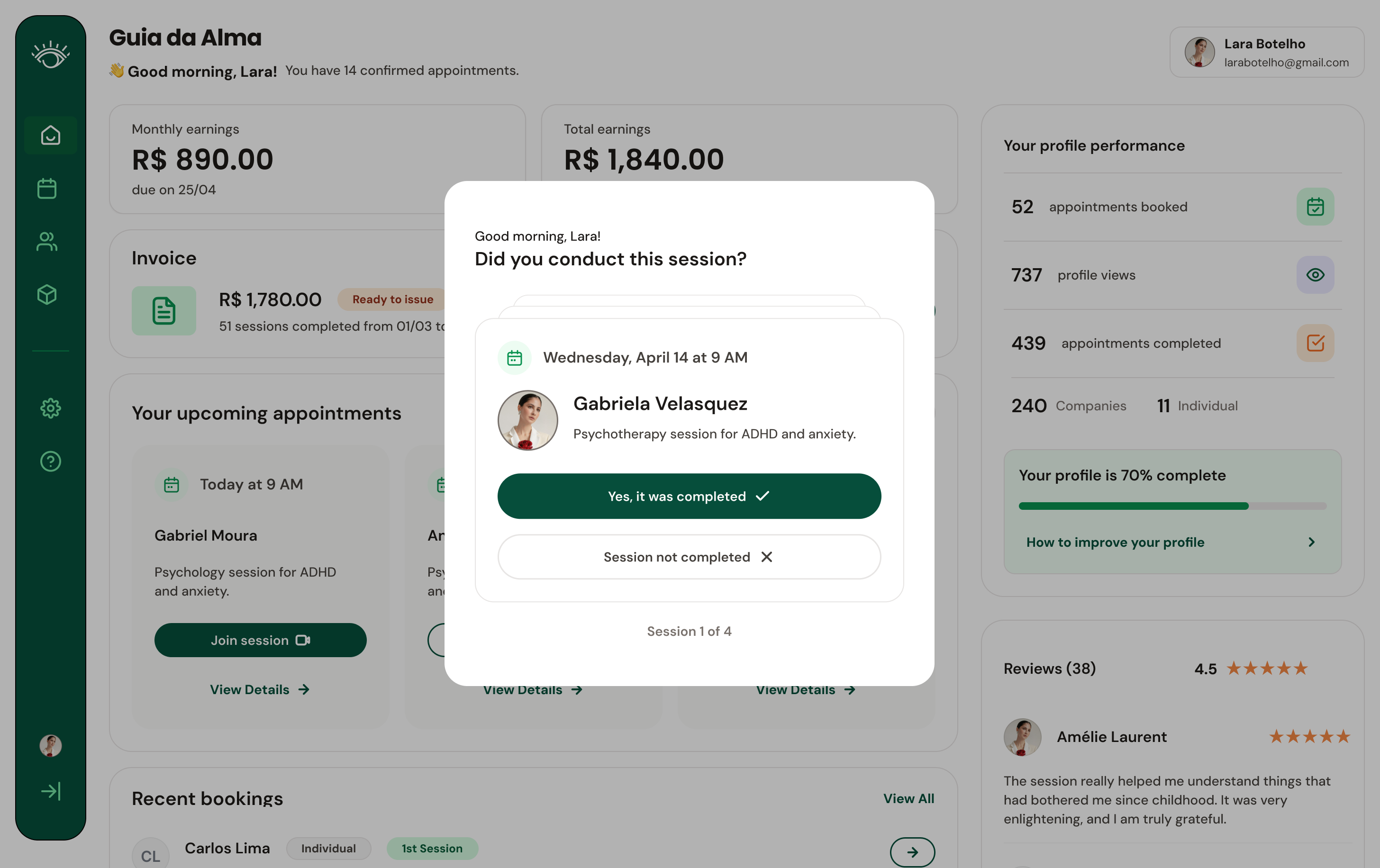 Session confirmation dialog in the context of the therapist dashboard