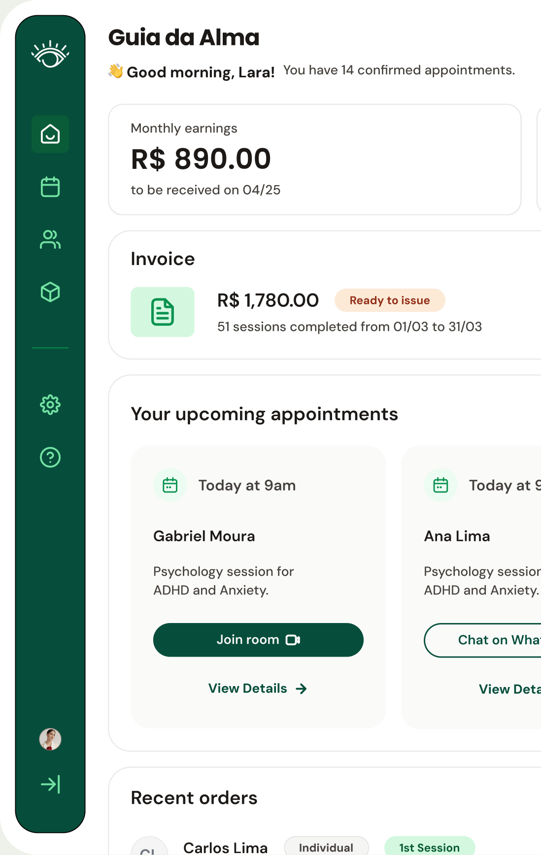 Close-up of the desktop dashboard with earnings, invoices and appointments