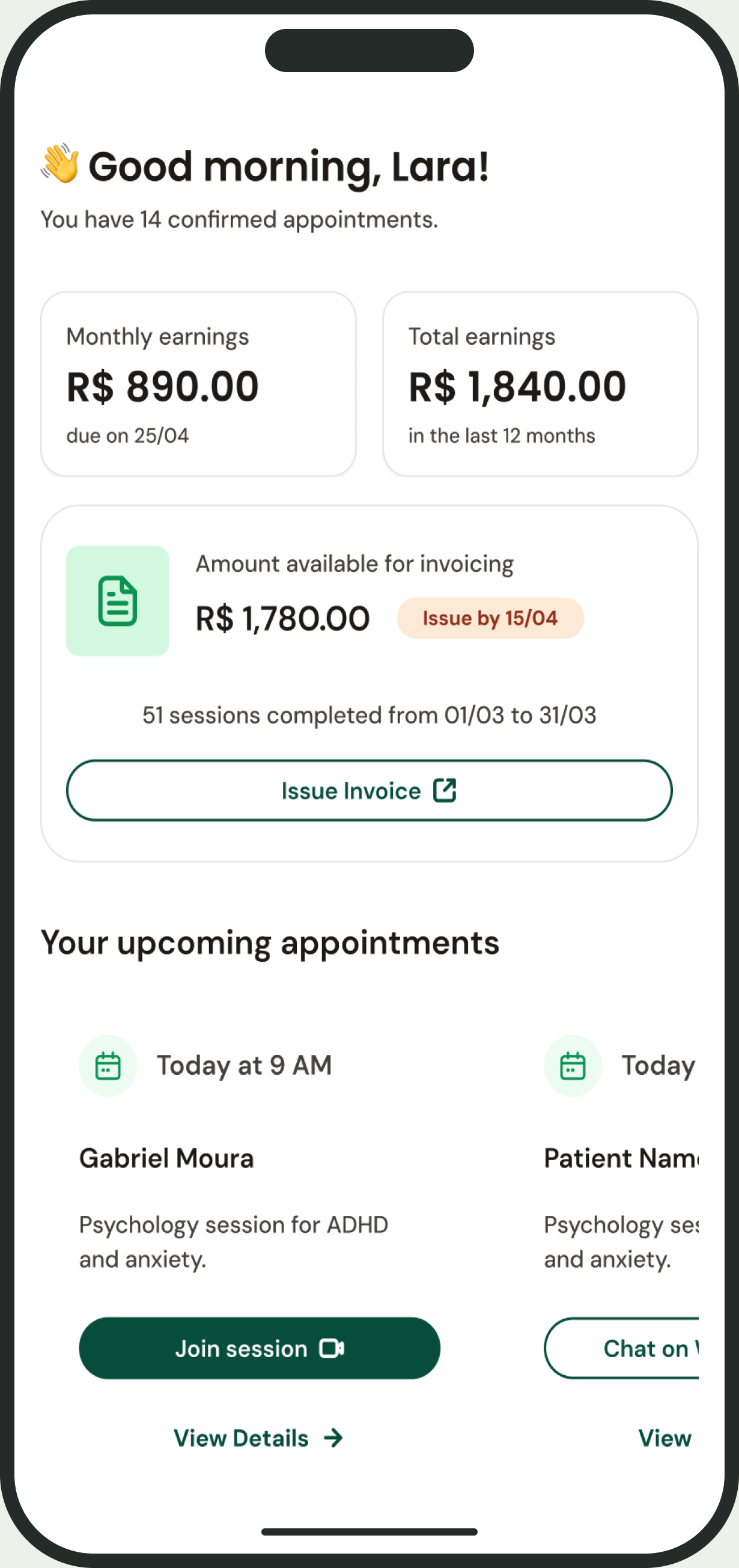 Mobile dashboard with earnings and invoice actions