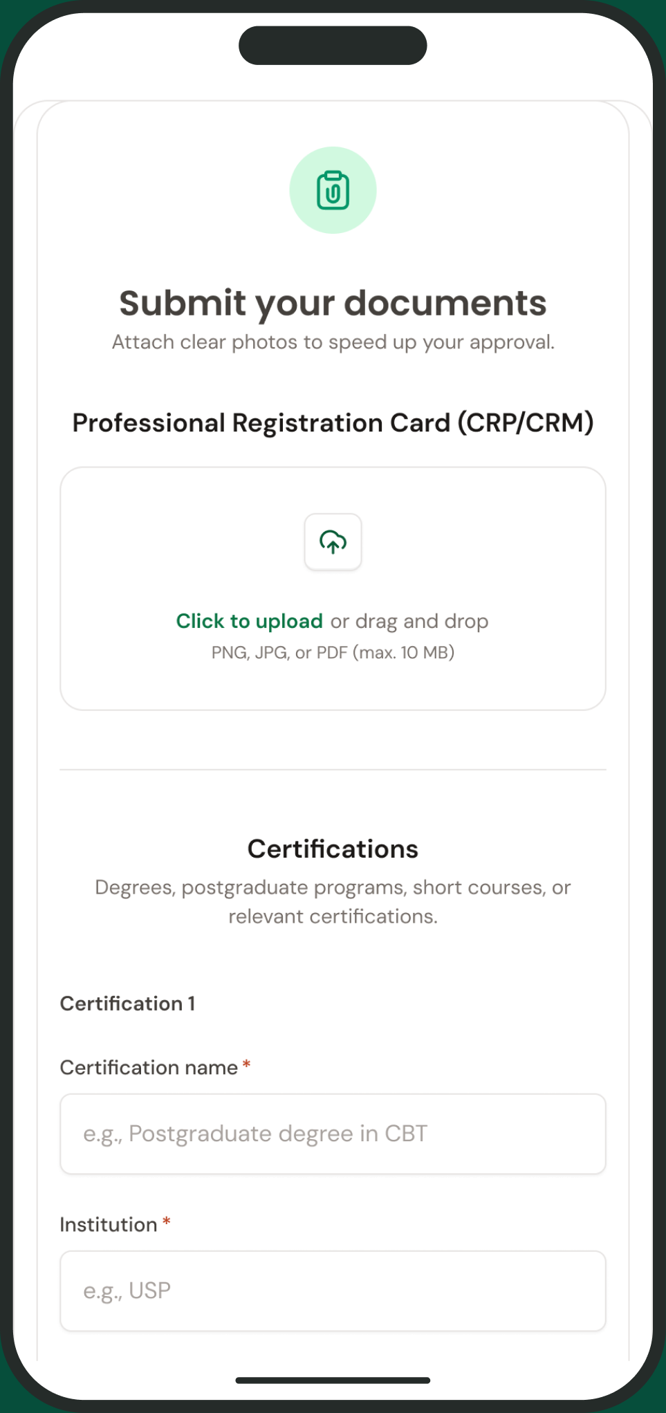 Submit professional credentials