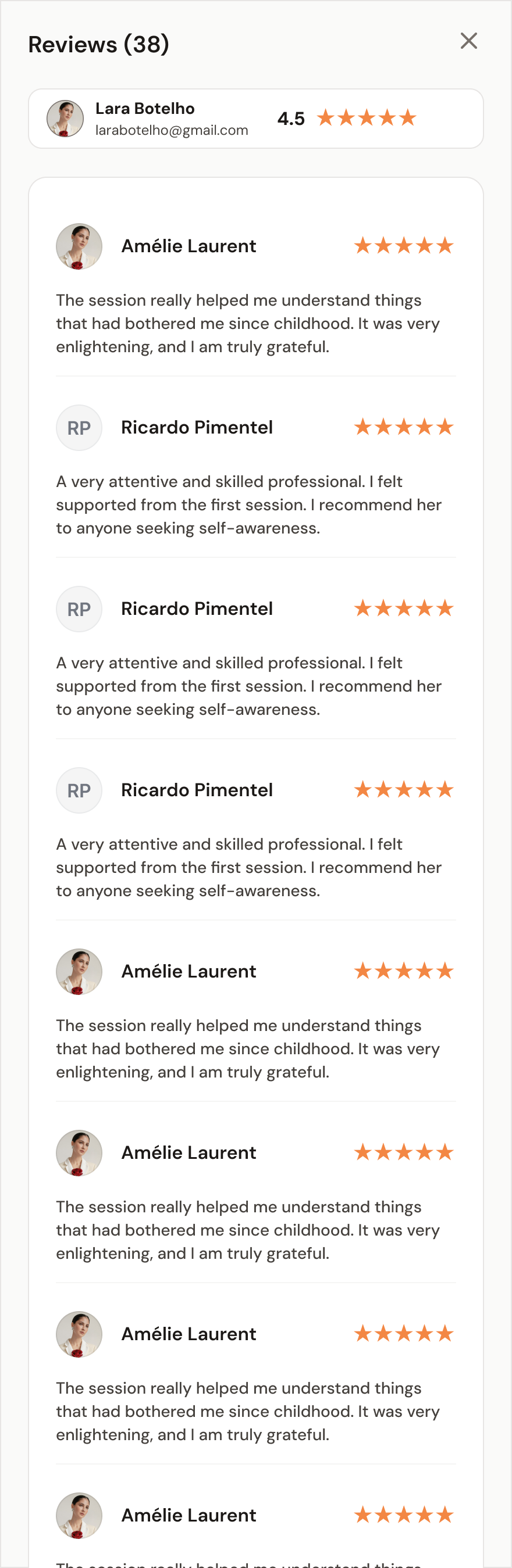 Reviews from people who booked therapy sessions